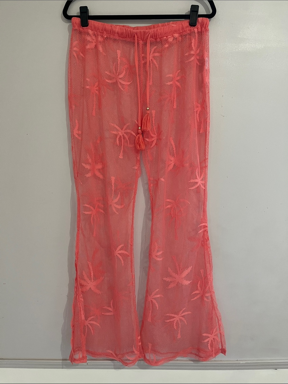 Neon Coral Mesh Swim Coverup Pants with Palm Motif women’s size large L